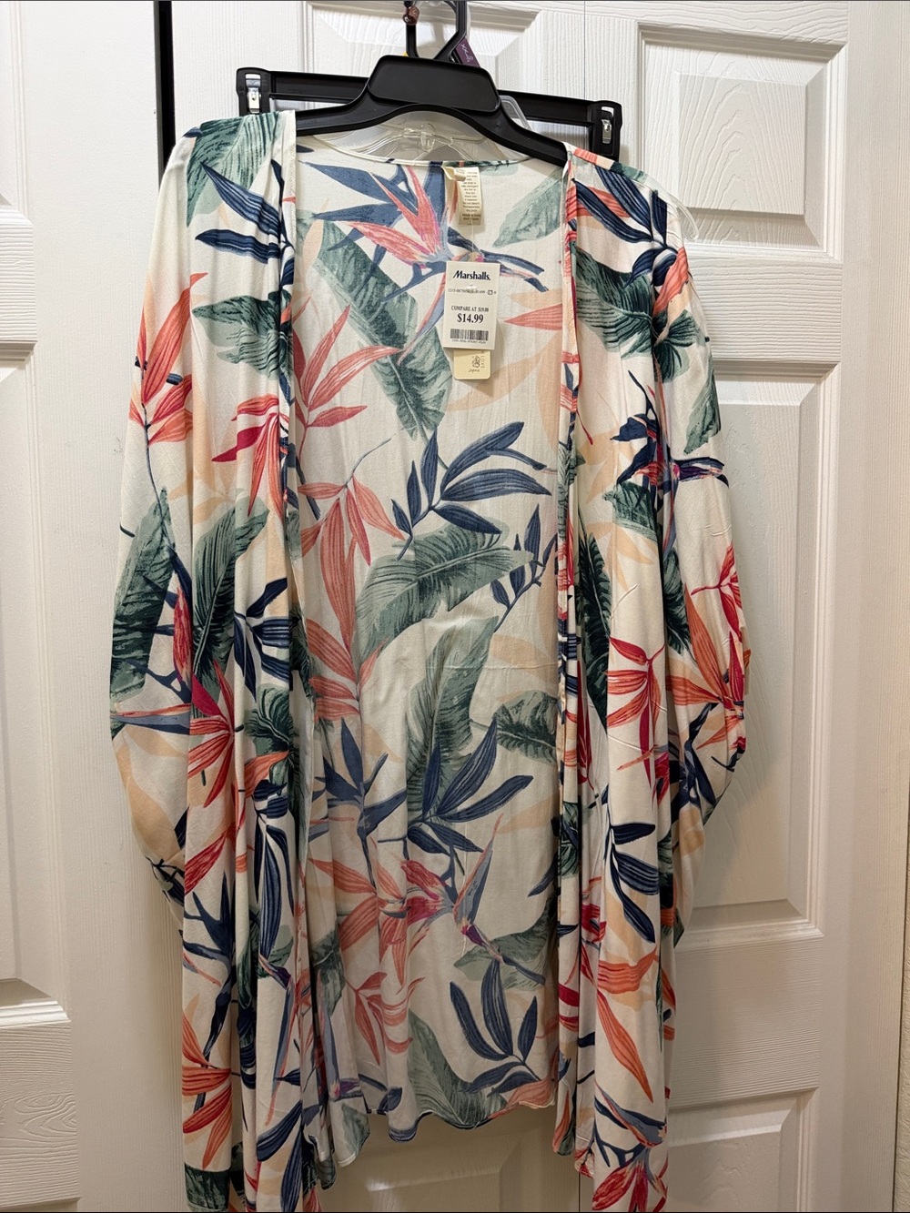 Lightweight Floral Kimono Cardigan in Cream with Coral & Teal Leaves